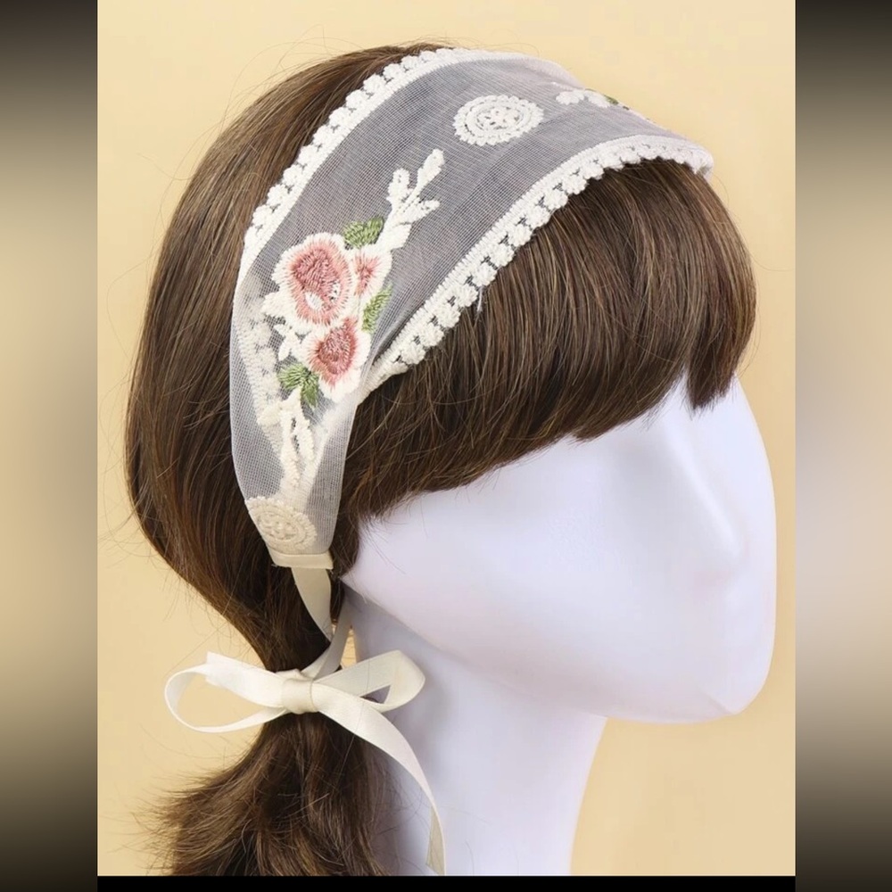 🩷 Lovely Lace Floral Flower Tie Headband Ribbon Bow 🌸